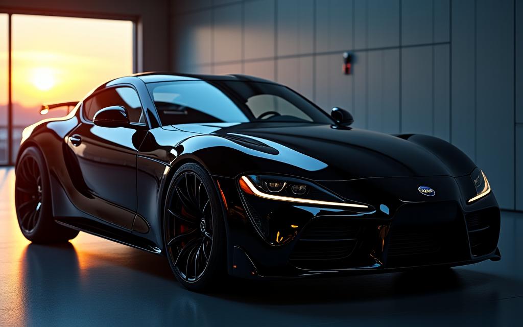 완벽하게 디테일링된 검은색 스포츠카의 측면 모습