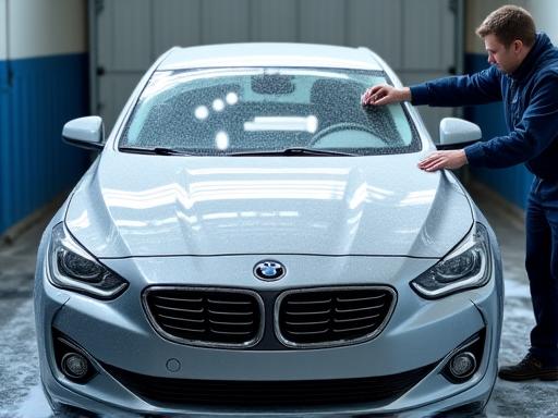 A skilled detailer performing a foam wash on a silver sedan.